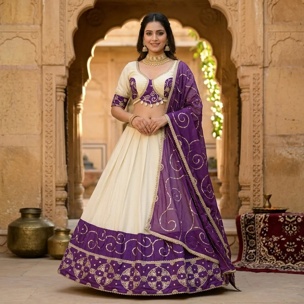 Kesariya Sequin Scroll Embroidered Lehenga Choli Set